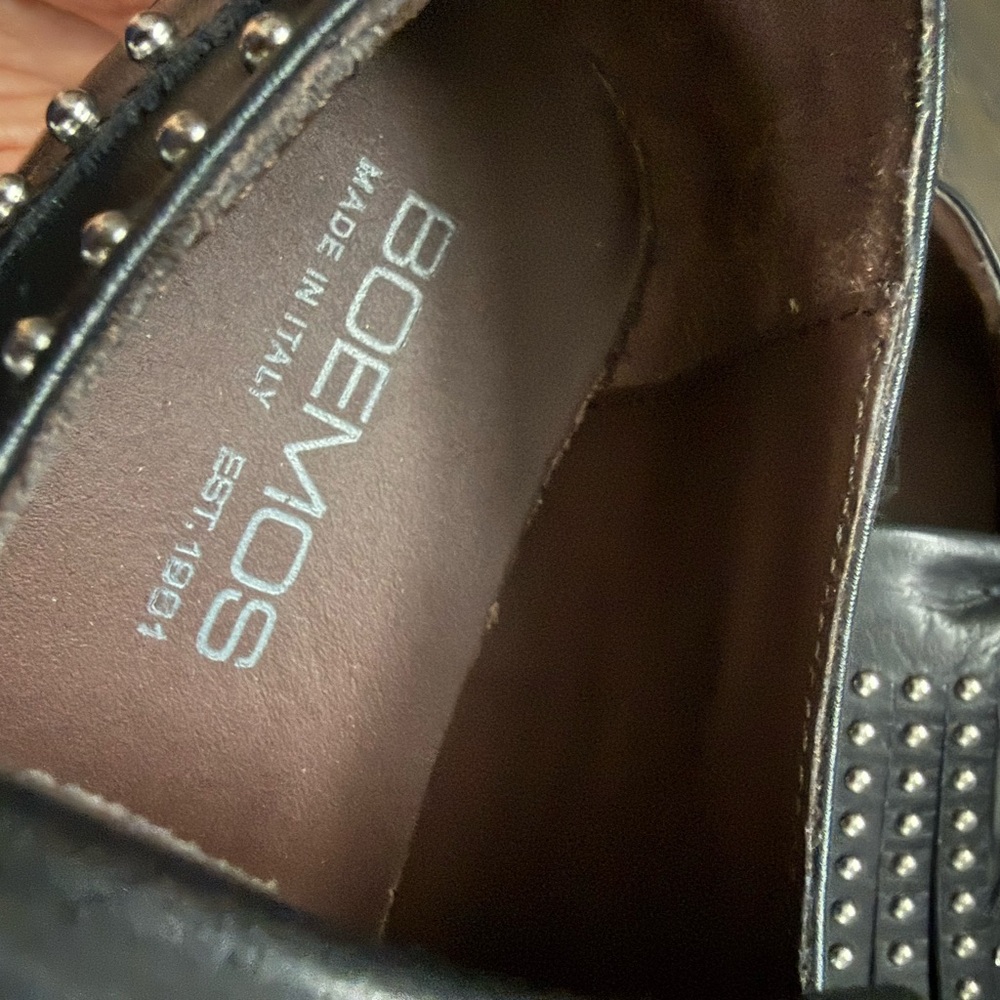 New Boemos Black Leather Studded Wingtip Fringe Loafers - Picture 6 of 6